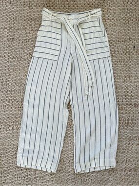 Halston Linen Cream Wide-Leg Striped Pants with tie Waist- Women 10